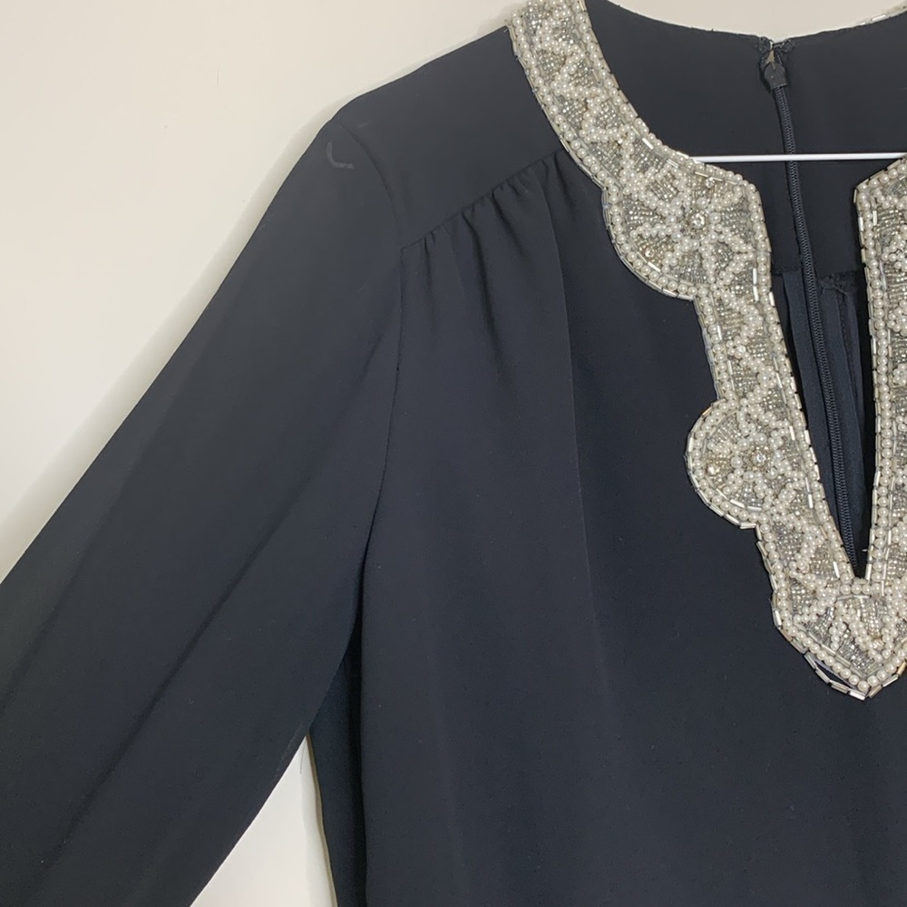 Vintage Pearl Beaded Rhinestone Jeweled Neckline Embellished Lined Shift Dress M - Picture 11 of 17